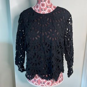 Ann Taylor Petite Long Sleeve Black Eyelet Top Size SP